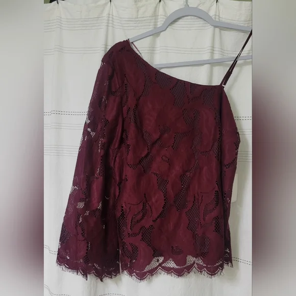 1.State Womens Lace One Shoulder Blouse  - Burgundy NWT SIZE S - Picture 2 of 12